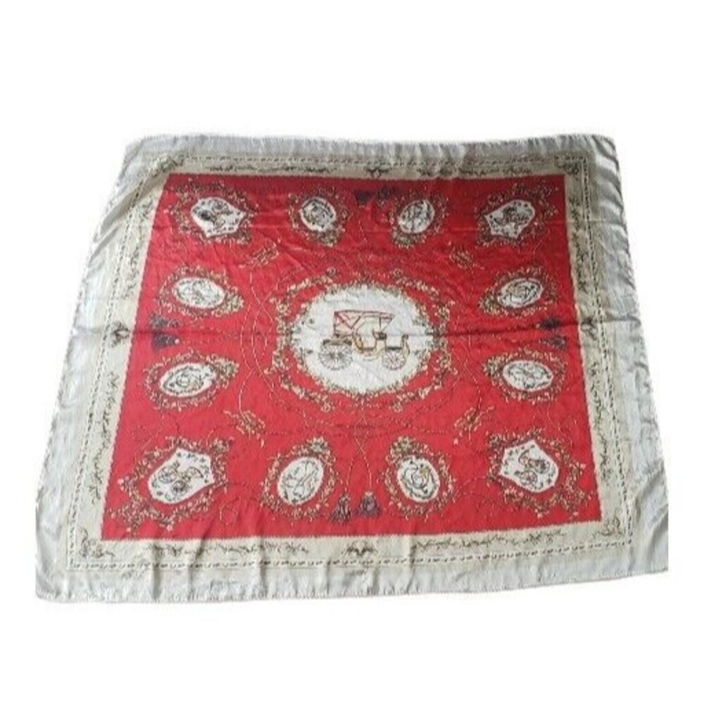 Vintage Red White Silky Scarf Carriage Tassel Horn Bell Leaves 36 x 36 Square